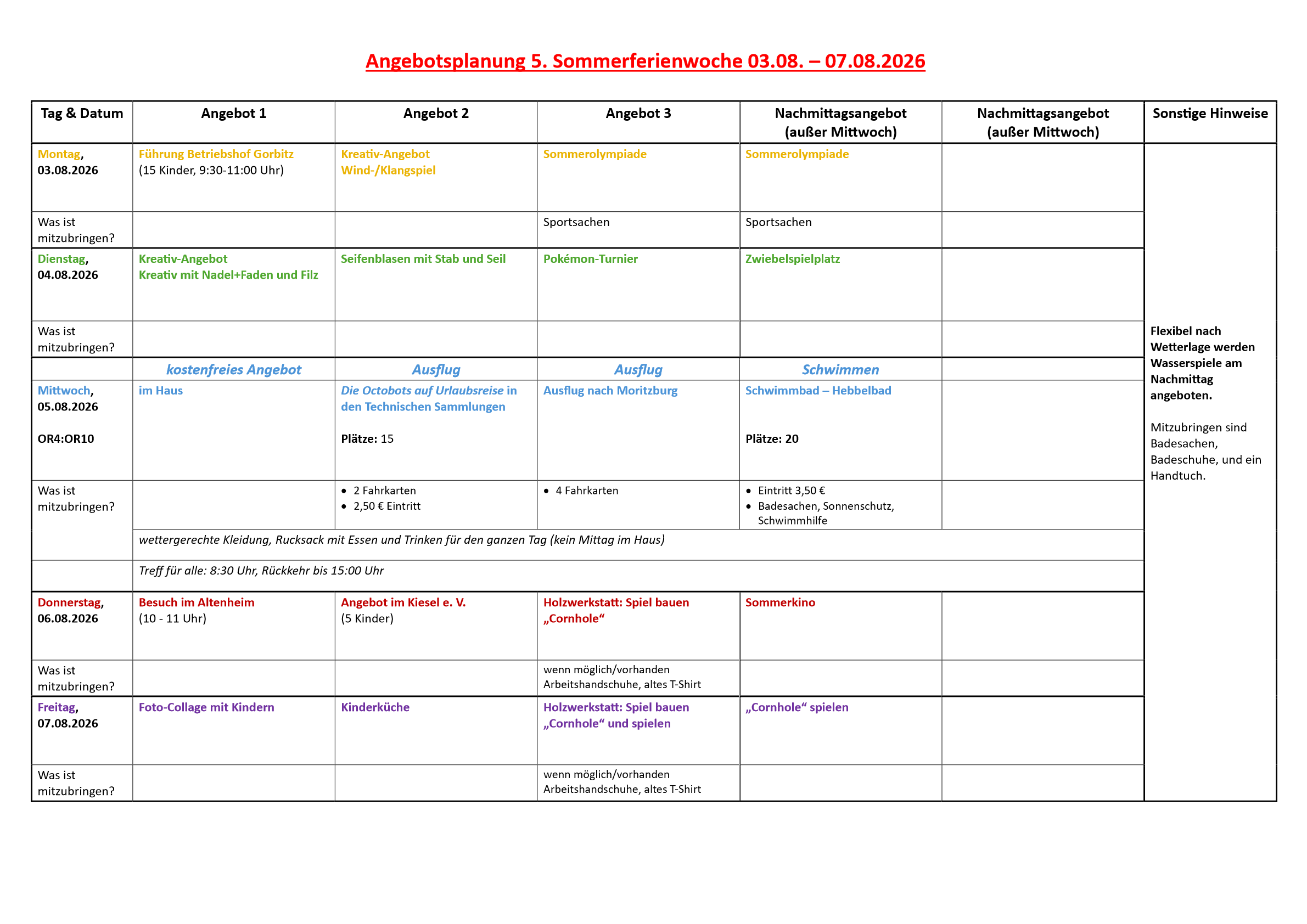 ferienplan 03.08.2026 bis 07.08.2026